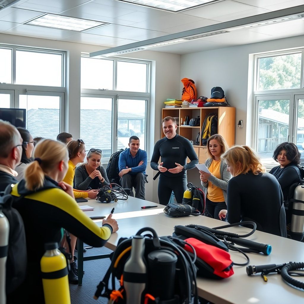 Diving instructor with students underwater